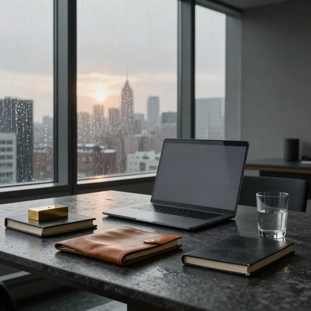 Gläserner Strategieraum mit Laptop, Leder-Mappe, Notizblock, Messing-Papiergewicht und Stadtblick im Morgenlicht