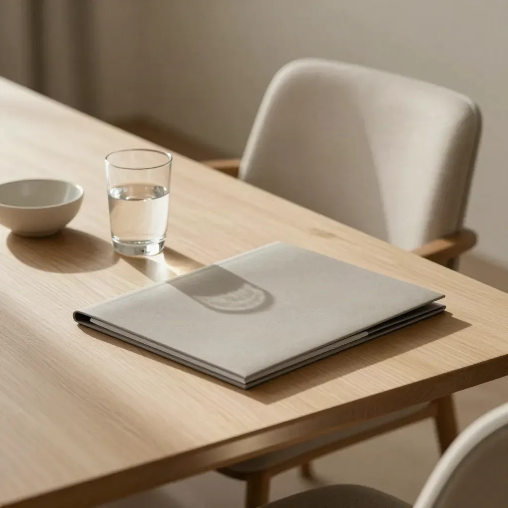 Aufgeräumtes Meetingzimmer am Morgen mit Mappe, Wasserglas, Keramikschale und zurückgerücktem Stuhl