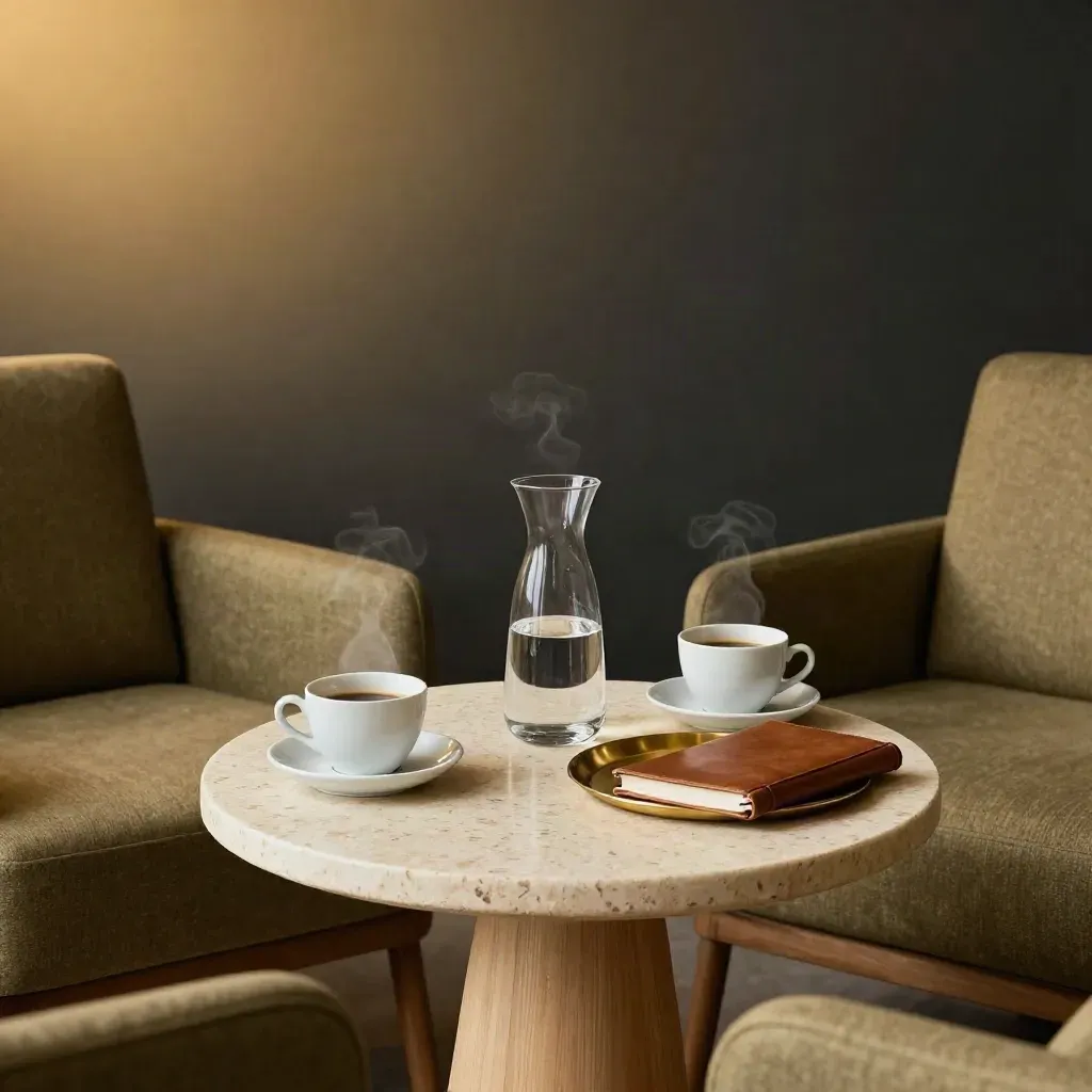 Zwei Sessel, runder Tisch, Kaffeetassen und Wasserkaraffe in einem vorbereiteten Meetingraum.