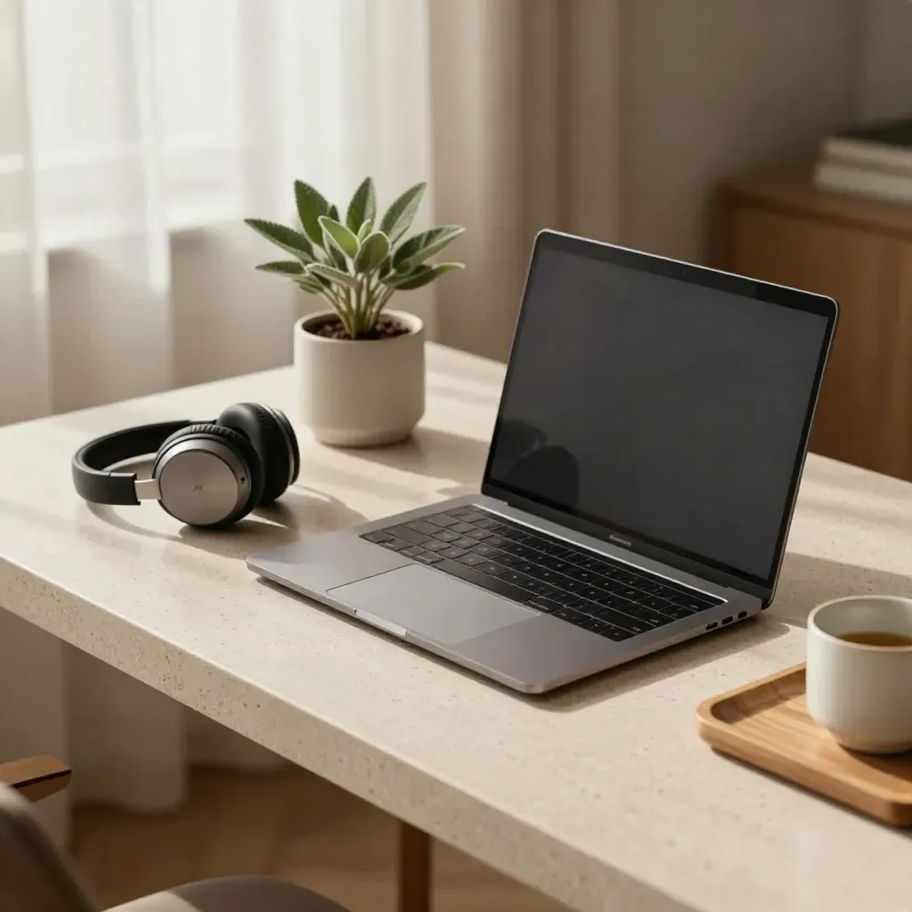 Ruhige Arbeitsecke mit Laptop, Kopfhörern, Pflanze und Becher im Morgenlicht.