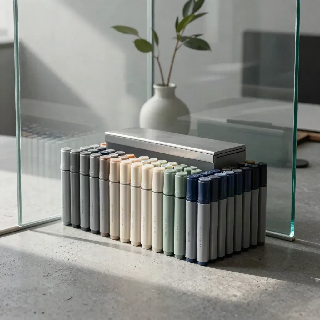 Moderne Office-Ecke mit Markern, geschlossener Feedbackbox, Pflanze und Glasreflexen.
