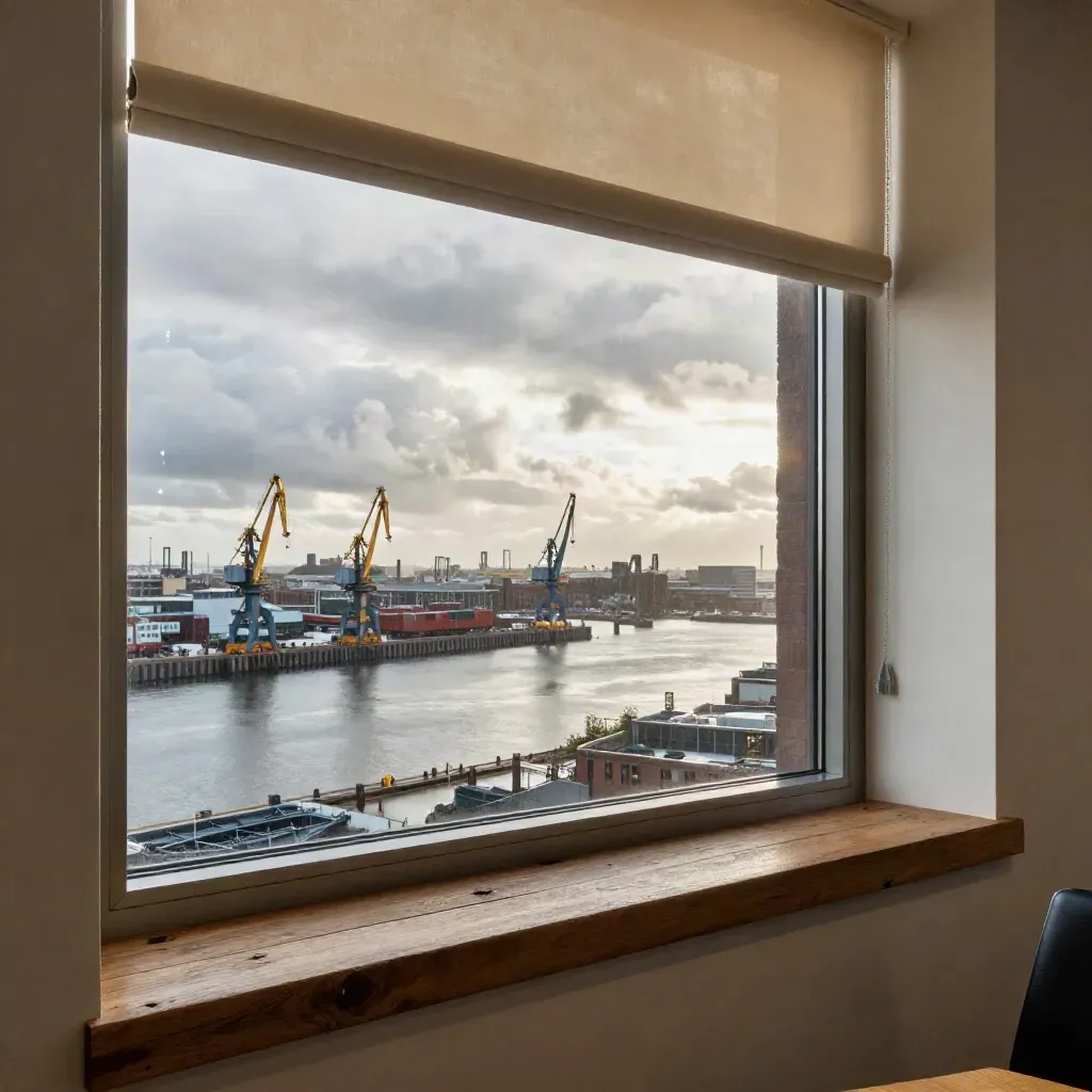 Hamburger Loft mit Blick auf Hafenkräne, Wasser und bewegte Wolken nach Regen.