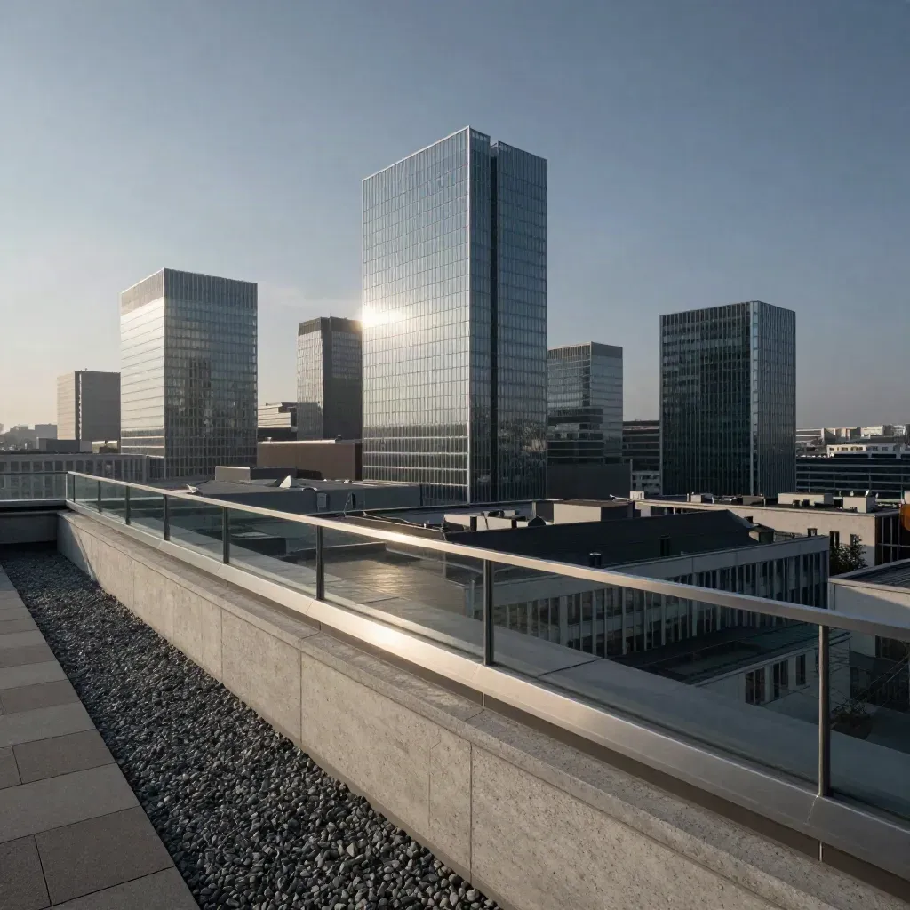 Berliner Rooftop mit Funkturm-Silhouette, Glasfassaden und klarem Vormittagsdunst.